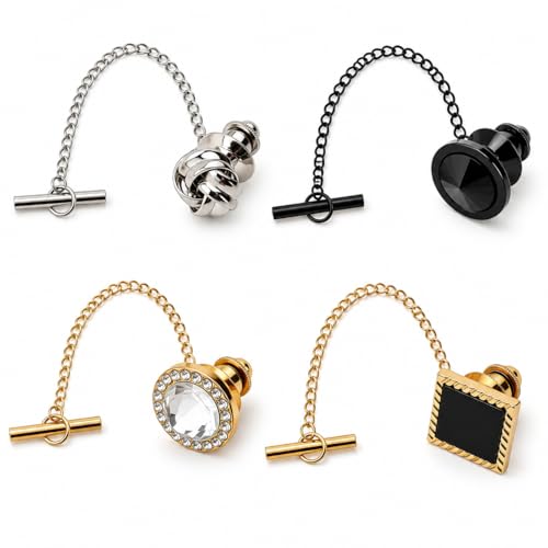 4 Pcs Tie Tack for Men, Tie Pin with Chain, Copper Tack Clutch, Suit Accessories Regular Tie Chain Necktie Lapel Pins for Business Hat Wedding Birthday(Gold/Silver/Black)