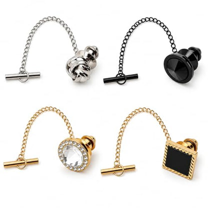 4 Pcs Tie Tack for Men, Tie Pin with Chain, Copper Tack Clutch, Suit Accessories Regular Tie Chain Necktie Lapel Pins for Business Hat Wedding Birthday(Gold/Silver/Black)