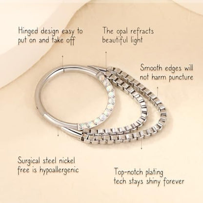 AROWRO Chain Septum Rings 316L Surgical Steel Septum Clicker Daith Piercing Jewelry Dangle Nose Rings for Women 16G 8/10mm Conch Cartilage Hoop Seamless Hinged Septum Jewelry with Clear CZ/Opal - color: Style-2-Silver double chains&Opal, size: 16G-8mm