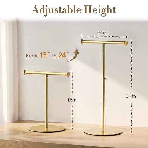 niffgaff 15"-24" T Bar Purse Display Stand Tabletop | Adjustable Height Handbag Holder, Countertop Hanging Rack for Lanyard, Long Necklace, Jewelry, Scarf, Gold - color: Gold