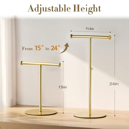 niffgaff 15"-24" T Bar Purse Display Stand Tabletop | Adjustable Height Handbag Holder, Countertop Hanging Rack for Lanyard, Long Necklace, Jewelry, Scarf, Gold - color: Gold