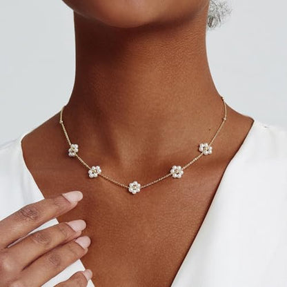OGD Gold Pearl Necklace Set for Women 14K Plated Layered Daisy Choker Gift - color: Gold Daisy Pearl-1PCS