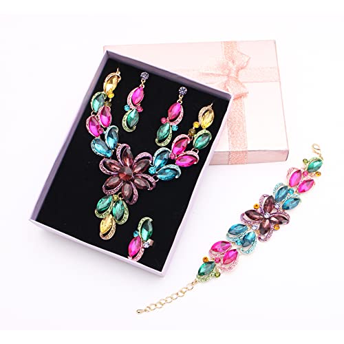Jewelry Set for Women Rhinestone Austrian Crystal Statement Flower Necklace Link Bangle Bracelet Dangle Earrings Rings Allergy Free Wedding Party Jewelry Set for Bridal Bridesmaid - color: Multicolor-Gold Plated