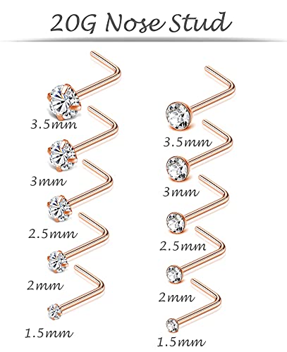 20G 10Pcs Stainless Steel L Screw Bone Shaped Nose Studs Rings Square Round CZ Nose Ring Labret Nose Piercing Jewelry for Men Women Silver Tone 1.5mm-2mm-2.5mm-3mm-3.5mm CZ - style: D:10Pcs,L Shaped(Rose Gold Tone)