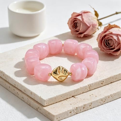 Chunky Beaded Bracelet for Women-Boho Bold Acrylic Resin Stretch Bracelets Trendy Summer Beach Elastic Bangle Vacation Jewelry Accessories - color: Style 2-Pink