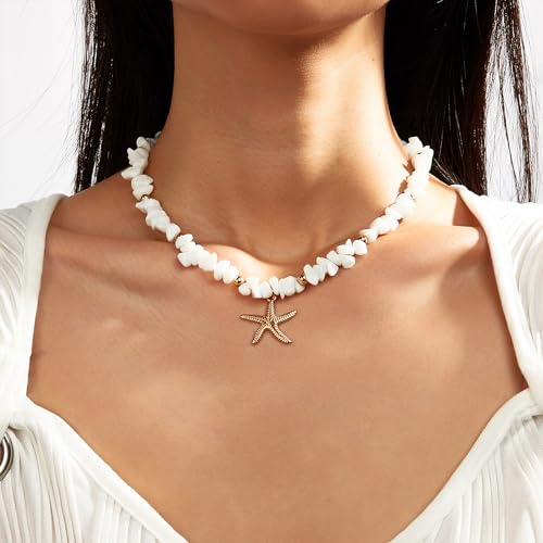 Gold Starfish Necklace Natural Stone Beaded Necklaces for Women Boho Handmade Irregular Stone Bead Necklace Summer Beach Ocean Jewelry Gift - color: White