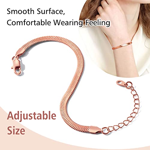 FindChic Elegant Herringbone Snake Chain Anklets/Bracelets 3MM/5MM Width Stainless Steel/18K Gold/Rose Gold Plated/Black 4 Color Options, 8.3'' 8.5'' 10.5'' Length, with Gift Box - color: B: 5mm 6.3'' bracelet (Rose Gold Plated)
