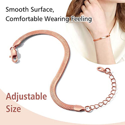 FindChic Elegant Herringbone Snake Chain Anklets/Bracelets 3MM/5MM Width Stainless Steel/18K Gold/Rose Gold Plated/Black 4 Color Options, 8.3'' 8.5'' 10.5'' Length, with Gift Box - color: B: 5mm 6.3'' bracelet (Rose Gold Plated)