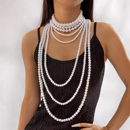 Long Pearl Beaded Necklace Layered Big Small Beads Pearl Necklaces Multi Strand Pearls Necklaces for Women Trendy Jewelry Gift - color: E
