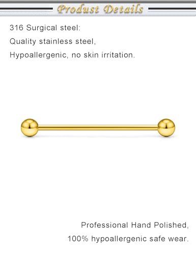 16G 14G Surgical Steel Tongue Rings Nipple Rings Industrial Piercing Jewelry Set Multi Size Straight Barbells 12mm 14mm 16mm 19mm 22mm 28mm 32mm 35mm 38mm 40mm 45mm for Women Men - color: goldtone, size: 14g,bar length 35mm