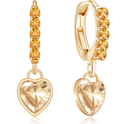 Sparkly Crystal Love Heart Dangle Drop Earrings Dainty Rhinestone Tiny Heart Huggie Hoop Earrings For Women - color: Yellow