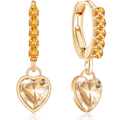 Sparkly Crystal Love Heart Dangle Drop Earrings Dainty Rhinestone Tiny Heart Huggie Hoop Earrings For Women - color: Yellow