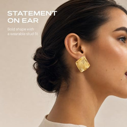 18K Gold Plated Statement Stud Earrings for Women Hypoallergenic Geometric Wave Earrings Irregular Textured Chunky Fashion Jewelry Gifts for Womens - color: Gold