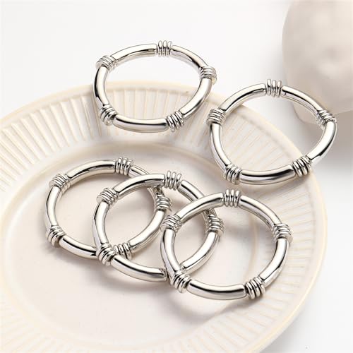 YBMYCM 5PCS Gold Chunky Bangles Bracelets for Women | 14k Gold Plated Stackable Layered Curved Bamboo Tube Stretch Bracelets Bangle Gift Jewelry - color: 5pcs Silver-8mm