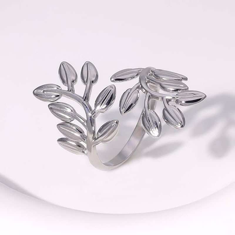 Stainless Steel Leaf Statement Ring for Women Laurel Branch Leaves Open Adjustable Band Fashion Finger Stacking Rings Birthday Party Jewelry Gifts Friendship - style: Floral