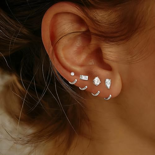 2/4Pairs 14K Gold Stay Close Hoop Huggie Half Hoop Earrings Minimalist Tiny Cartilage Helix Open Hugging for Women | Hypoallergenic 316L Stainless Steel Jewelry Set Trending Valentine's Day Gifts (A10) - color: 4 Pairs Silver