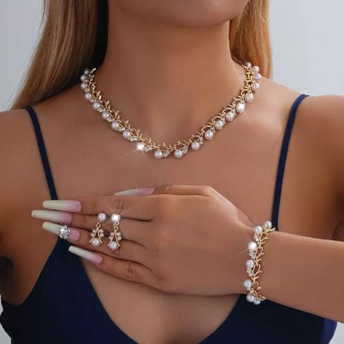 Bridal and Bridesmaid Pearl and Rhinestone Jewelry Set Crystal Necklace, Bracelet And Earrings Collection, Bohemian Adjustable Beaded Crystal for Women - style: Golden vine