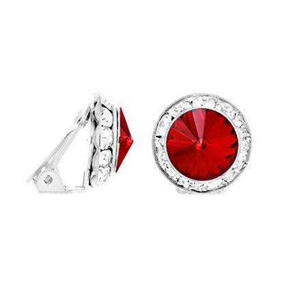 Rosemarie & Jubalee Women's Timeless Classic Statement Clip On Halo Earrings Made With Premium Crystals - color: 15mm, Light Siam Red Silver Tone