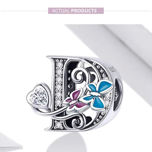 S925 Silver Butterfly Initial Letter Charms Fit for Pandora Charms Bracelets and Necklace Alphabet Bead Charms Jewelry Gifts for Women - color: D