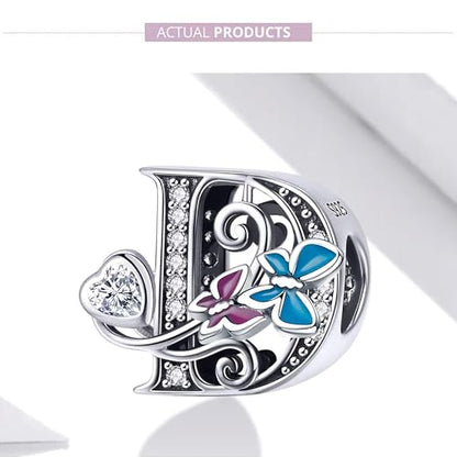 S925 Silver Butterfly Initial Letter Charms Fit for Pandora Charms Bracelets and Necklace Alphabet Bead Charms Jewelry Gifts for Women - color: D