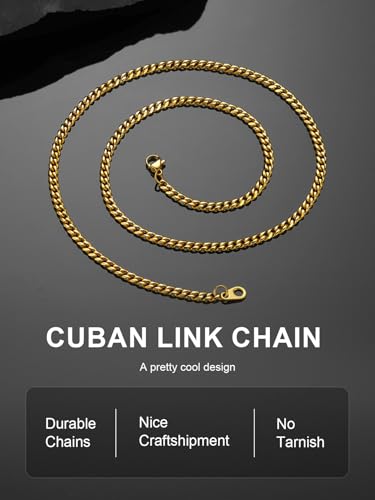Stainless Steel Mens Cuban Link Chains, Daily Wear Hip Hop Miami Necklace | 3/6/9/12mm Silver/Gold Plated/Black necklace with Gift Box, No Tarnish, Sweatproof & Waterproof, Hypoallergenic Men Chains - color: 3mm-gold plated, size: 18 inch