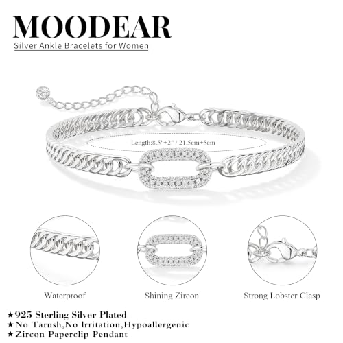 Moodear Gold Ankle Bracelets for Women Waterproof,14K Gold Plated Anklets | Waterproof, Non Tarnish Cuban Link Anklets, Trendy Jewelry Accessories for Summer Vacation, Beach Gifts for Women - style: Silver Cuban CZ Paperclip