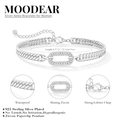 Moodear Gold Ankle Bracelets for Women Waterproof,14K Gold Plated Anklets | Waterproof, Non Tarnish Cuban Link Anklets, Trendy Jewelry Accessories for Summer Vacation, Beach Gifts for Women - style: Silver Cuban CZ Paperclip