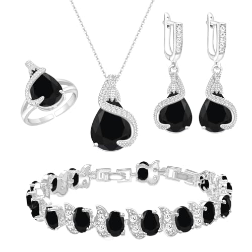 Jewelry Set for Women Teardrop Earrings Necklace Ring Bracelet Set Party Wedding Jewelry Gift for Mother Wife Friend - color: Black