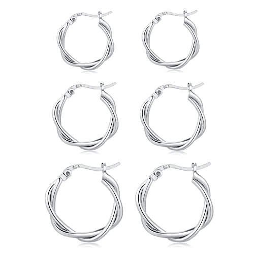 3 Pairs 925 Sterling Silver Hoop Earrings 14K White Gold Plated Small Silver Hoops Cartilage Huggie Earrings for Women Men - color: C-Silver 13/15/20mm