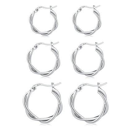 3 Pairs 925 Sterling Silver Hoop Earrings 14K White Gold Plated Small Silver Hoops Cartilage Huggie Earrings for Women Men - color: C-Silver 13/15/20mm