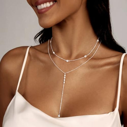 Luxval Lariat Silver Necklace for Women, Dainty Long Necklace Silver Y-Shaped Pendant Necklaces Trendy Beaded Chain Drop Necklaces Jewelry for Women Gifts - color: Silver-Layered 4CZ Y Necklace