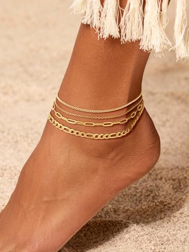 U7 2Pcs/3Pcs Ankle Bracelets for Women, Stainless Steel Cuban Link/Figaro/Rope/Heart Chain Anklets Sets,Waterproof Layered Anklets Adjustable 8.5"-10.5" - color: 05.4Pcs Style A-Gold