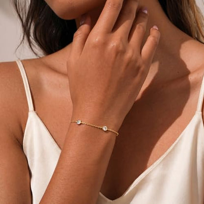 Bracelets for Women, Dainty Gold Silver Ring Bracelet Hand Chain | Cubic Zirconia Pearl Charms, 14K Gold Plated, Adjustable Fit, Trendy Stackable Link Chain, Waterproof Jewelry, Gift for Her - color: Gold-cz station bracelet