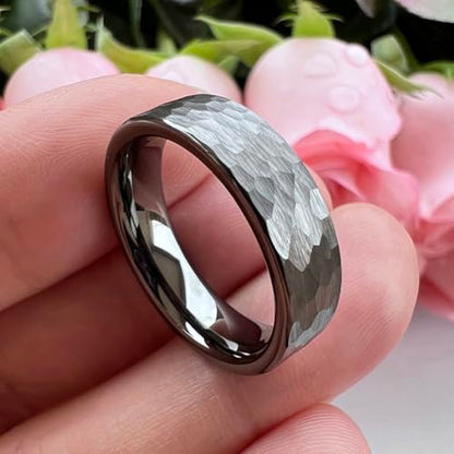 TUTISS 6mm 8mm Silver/Black/Gunmetal/Gold/Rose Gold Hammered Tungsten Rings for Men Women Couple Fashion Jewelry Engagement Wedding Bands Matte Finish Comfort Fit - color: 6mm Gunmetal Tungsten