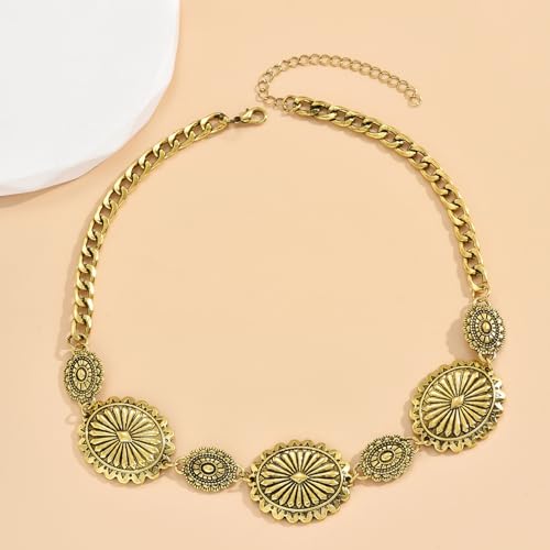 MALOYANVE Western Concho Jewelry Set for Women Vintage Sunburst Oval Choker Necklace Earrings Open Cuff Bracelet Boho Southwest Cowgirl Statement Accessories Country Concert Outfits