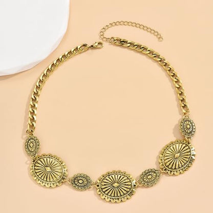 MALOYANVE Western Concho Jewelry Set for Women Vintage Sunburst Oval Choker Necklace Earrings Open Cuff Bracelet Boho Southwest Cowgirl Statement Accessories Country Concert Outfits
