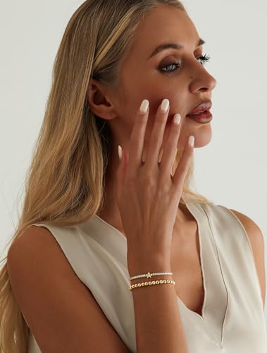 14K Gold Plated Bracelets for Women Dainty Tennis Initial Bracelet Trendy Beaded Stackable Charm Bracelets Layered Waterproof Bracelet Dainty Bracelet for Women Jewelry Gifts - style: 01A