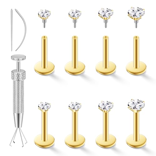 4 Pairs 16G 18G Flat Back Stud Earrings, Hypoallergenic Surgical Steel Set | CZ 2-5mm, internal thread design for nose and tragus piercings use, includes ball grabber tool for easy jewelry changes - color: 18G CZ 2/2/2.5/3mm Gold