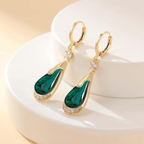 Trendy Austrian Crystal Teardrop Drop Huggie Dangle Earrings for Women 14k Rose Gold Plated Hypoallergenic Jewelry Gifts - color: Green