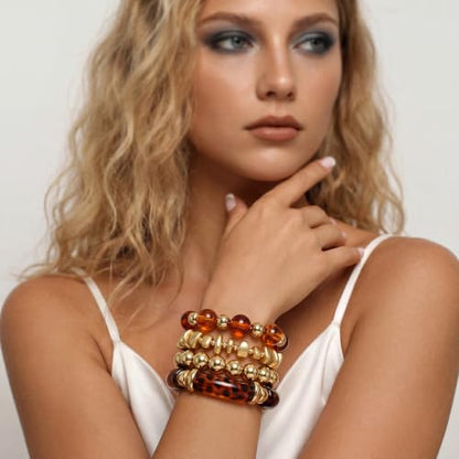GOOJIDS Simple Beaded Gold Plated Bangles Bracelet Chunky Bamboo Tube Curved Stacking Clear Acrylic Colorful Beads Stretchable Gold Plated Bracelets Set For Women - color: T New Brown Beads Set