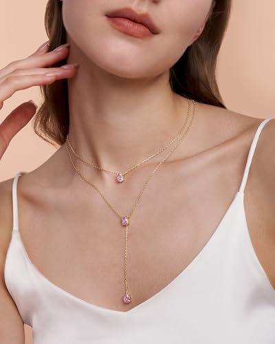 SNGIA Long 18K Gold Plated Blue Green Red Layered Pendant Necklace For Women (Emerald, Ruby, Seafoam, Sky, Sapphire, Pink), Dainty Birthstone Necklace, Statement Necklace Jewelry Gifts. - style: Rose