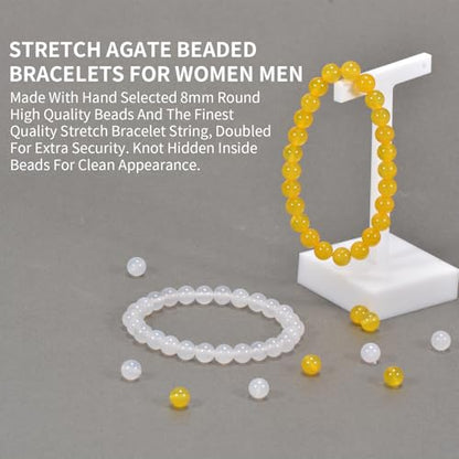 2PCS Agate Bracelet for Women Men Natural Round Beaded Agates Stone Healing Stretch Bracelets Elastic Handmade Polished Gemstone Beads Bracelet - color: White+Yellow, size: 8mm Beads