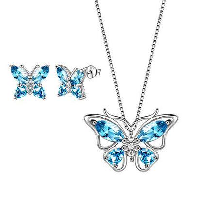 Aurora Tears Butterfly Jewelry,Women 925 Sterling Silver Butterflies Birthstone Pendant Necklace/Earrings/Rings Wedding Gift - color: C.March-set 1