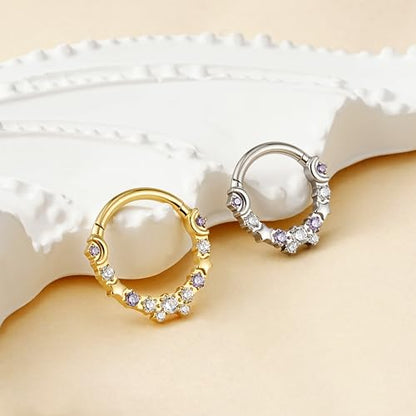 Celestial Titanium Hoop Collection - 16G 8mm/6mm ASTM F136 Titanium Star & Moon Daith, Cartilage, Septum Piercing Jewelry - Seamless Hinged Clicker Hoops - color: Star and Moon - Gold, size: 16G(1.2mm), 3/8"(10mm)