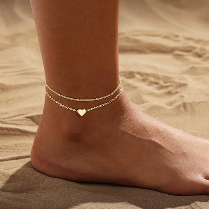 CAROVO Gold Ankle Bracelets for Women Waterproof,14K Gold Plated Bead Leaf Heart Dot Satellite Chain Layered Anklets Non Tarnish Summer Beach Jewelry Gift for Women - style: D: Heart&Satellite