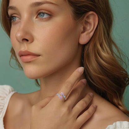 Adjustable Leaf Stackable Rings for Women Cubic Zirconia Stones Blue Leaves Purple Flower Open Band Stacking Finger Sliver Rings Fashion Plant Floral Aesthetic CZ Jewelry - color: flower leaf