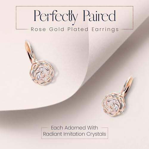 Women 18K Gold Plated White Crystal Roses Flowers Necklace and Earrings Set for Women Wedding Party Bridal Bridesmaid Accessories - color: Rose gold