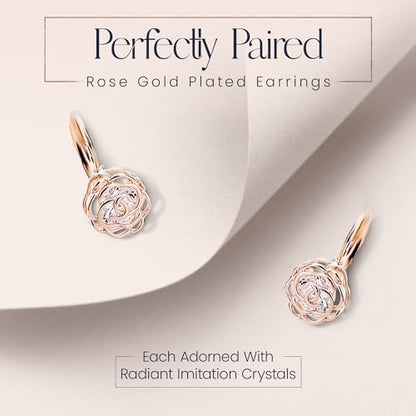 Women 18K Gold Plated White Crystal Roses Flowers Necklace and Earrings Set for Women Wedding Party Bridal Bridesmaid Accessories - color: Rose gold
