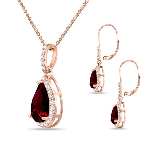 Jewelry Sets for Women, Necklace and Earring Sets for Women, Birthstone Jewelry, Genuine or Synthetic Gemstones, Teardrop Necklace and Dangle Earrings, Pendant Necklace, Sterling Silver Jewelry - color: Synthetic Ruby - Rose Gold