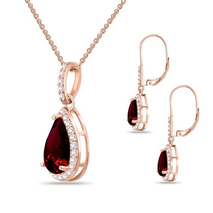 Jewelry Sets for Women, Necklace and Earring Sets for Women, Birthstone Jewelry, Genuine or Synthetic Gemstones, Teardrop Necklace and Dangle Earrings, Pendant Necklace, Sterling Silver Jewelry - color: Synthetic Ruby - Rose Gold